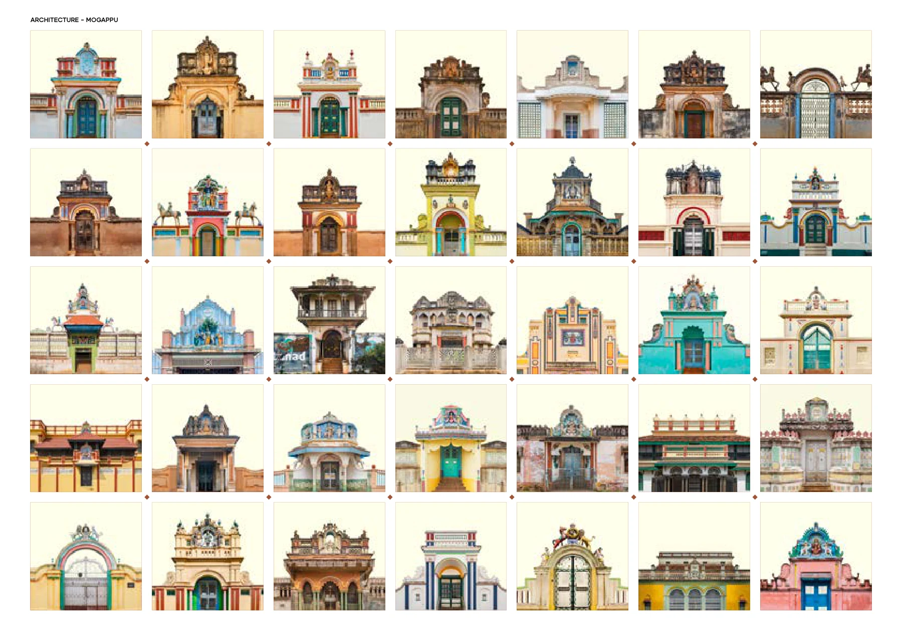 A catalogue grid showing many colourful Chettinad mansion entrances
