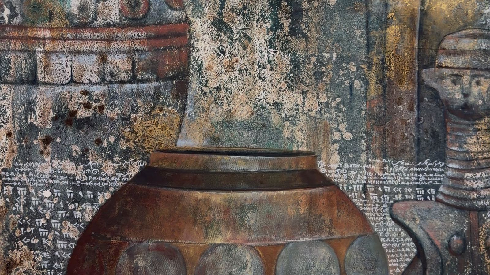 A painting by Pantea Mahrou shown at UNTRANSLATED, vessels and cuneiform inscriptions