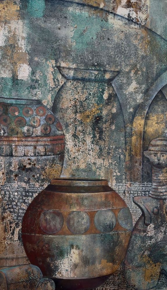 A painting of ancient vessels among cuneiform inscriptions