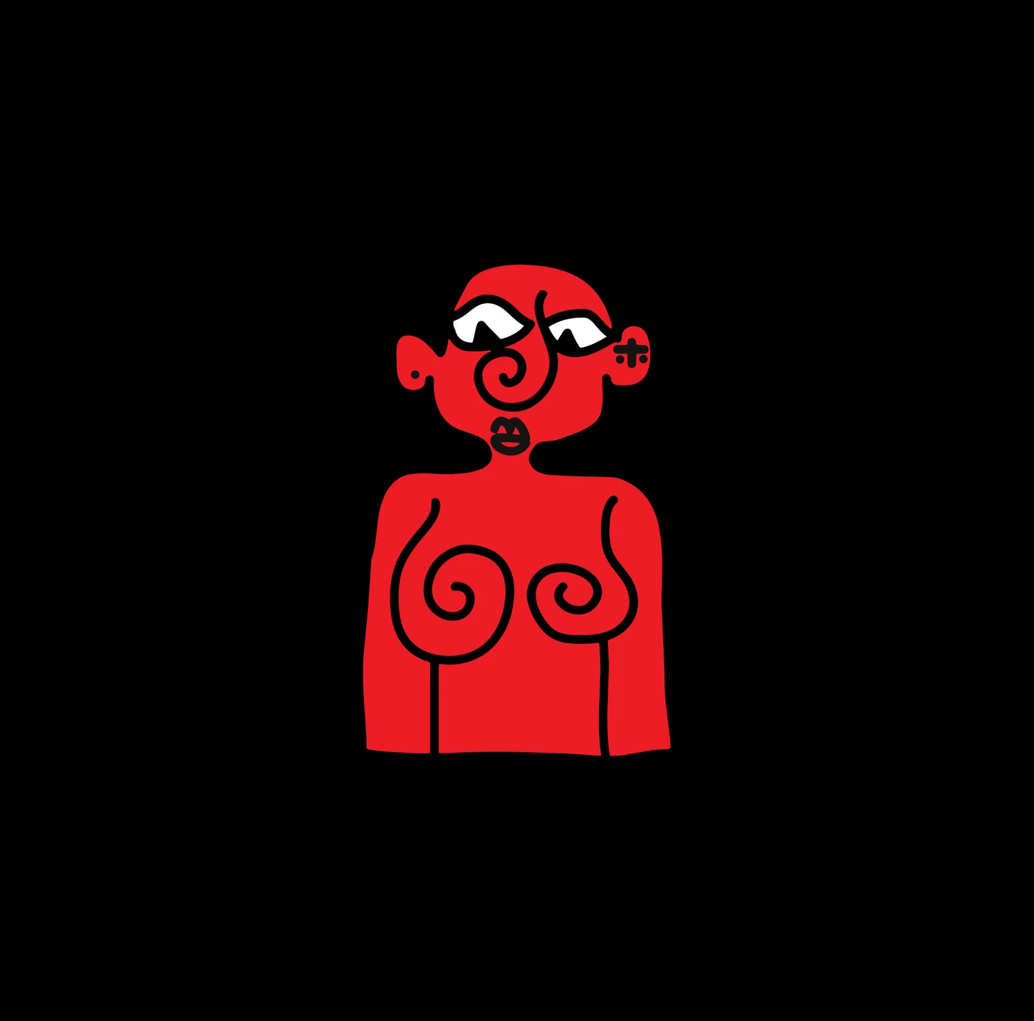 Red non-binary symbolic figure from Nana Danso's visual world on a black background