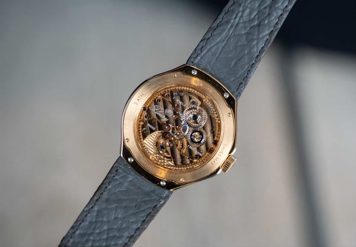 Sapphire caseback of the Zimbali 000 prototype showing the Fleury signed hand wound movement and the Swiss Made engraving