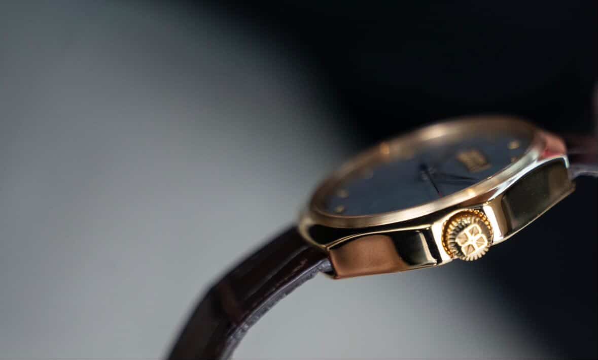 Case profile of the Zimbali 000 showing the bezel, lug and the engraved winding crown against a brown alligator strap
